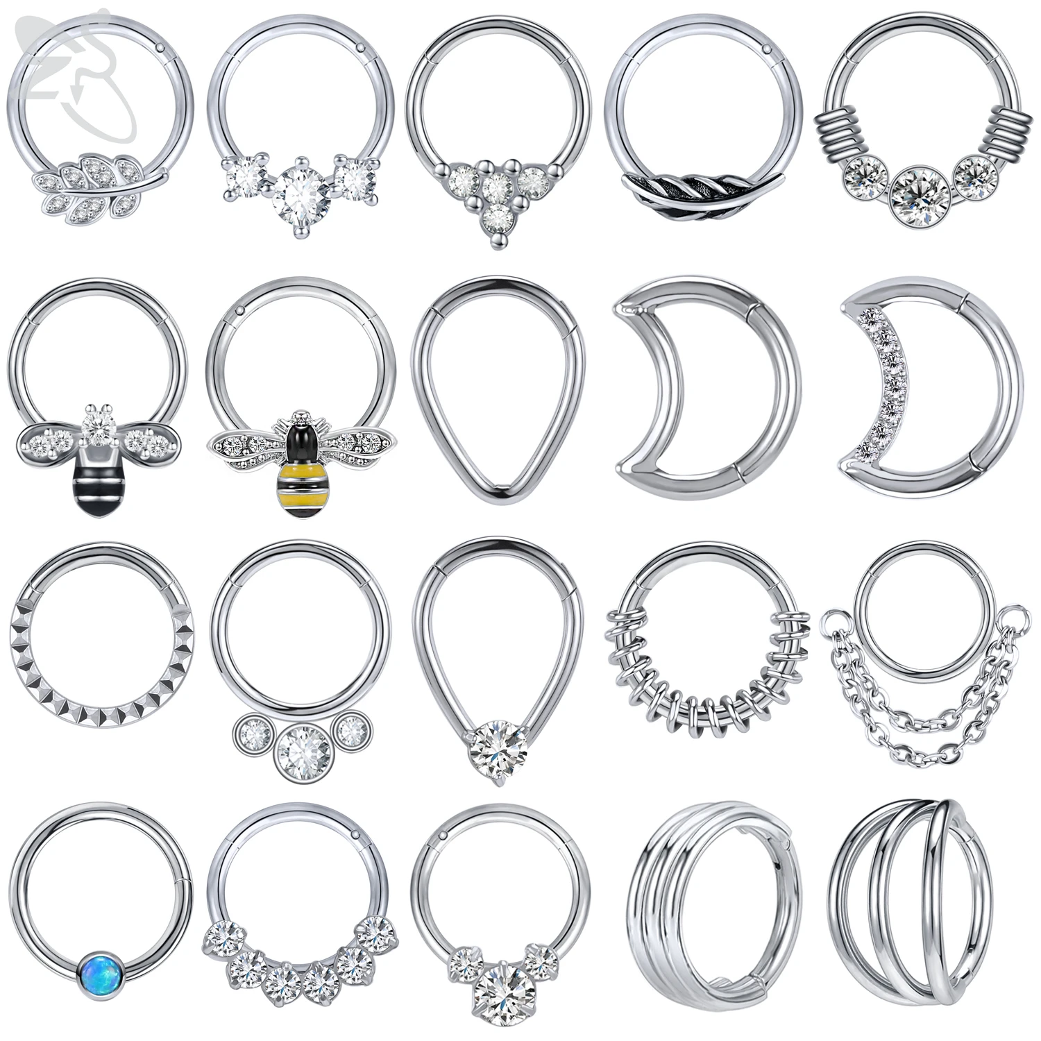 ZS 1 PC 316L Stainless Steel Nose Ring Moon Round Septum Clicker CZ Crystal Ear Tragus Cartilage Helix Lip Piercing Jewelry 8MM