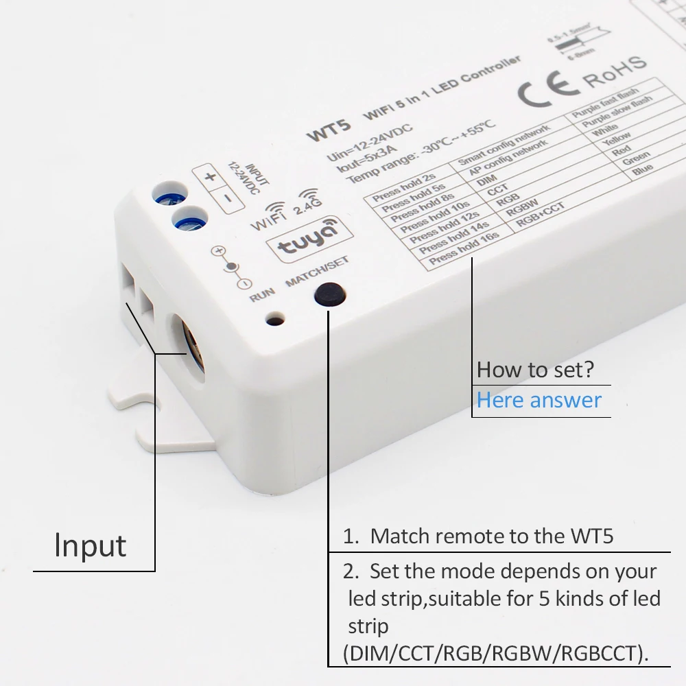 Tuya RGBCCT Controller LED 12V 24V DC 2.4G RF Telecomando senza fili RGBWW RGB CCT Driver WIFI Dimmer Supporto Alexa Echo WT5