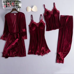 Chinese Style Female Velour Robe Gown Classic Burgundy Sleepwear Nighty Set Lace Patchwork Nightwear Bathrobe Sexy Negligee