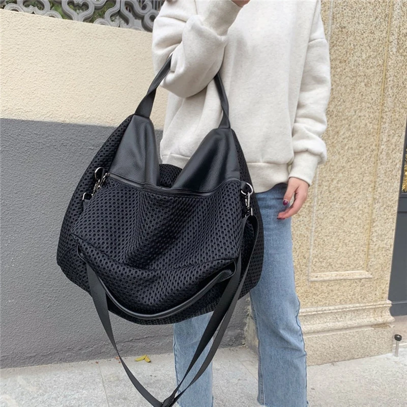 

Annmouler Large Cacity Women Tote Bag Design Mesh Tote Bag Genuine Leather Shoulder Messenger Bag Luxury Handbags