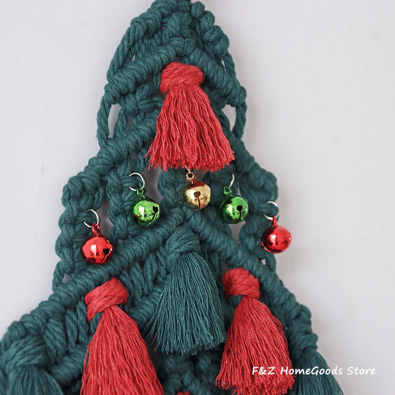 Macrame Christmas Tree Wall Hanging Tapestry Tassels Bells Handwoven Boho Decoration Bohemian Decor For Living Room Kids Gift