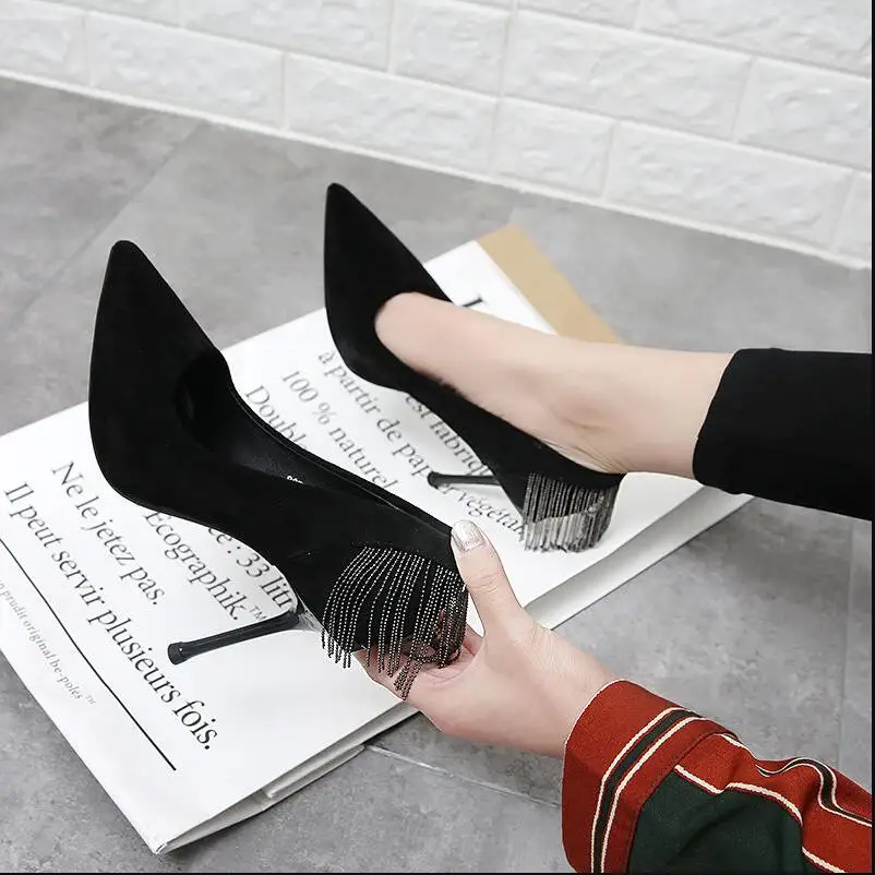 Fashion Single Shoe Woman,High Heels Sexy Chains Tassels, Women Pumps, Pointed toes ,Slip-On ,Female Black OFFICE Shoes,BLACK