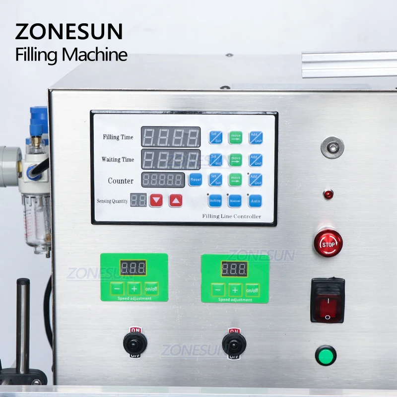 ZONESUN-آلة تعبئة السوائل الأوتوماتيكية لسطح المكتب ، وجهاز تعبئة زجاجات برأس مزدوج للشامبو وعصير الجل مع ناقل سلسلة