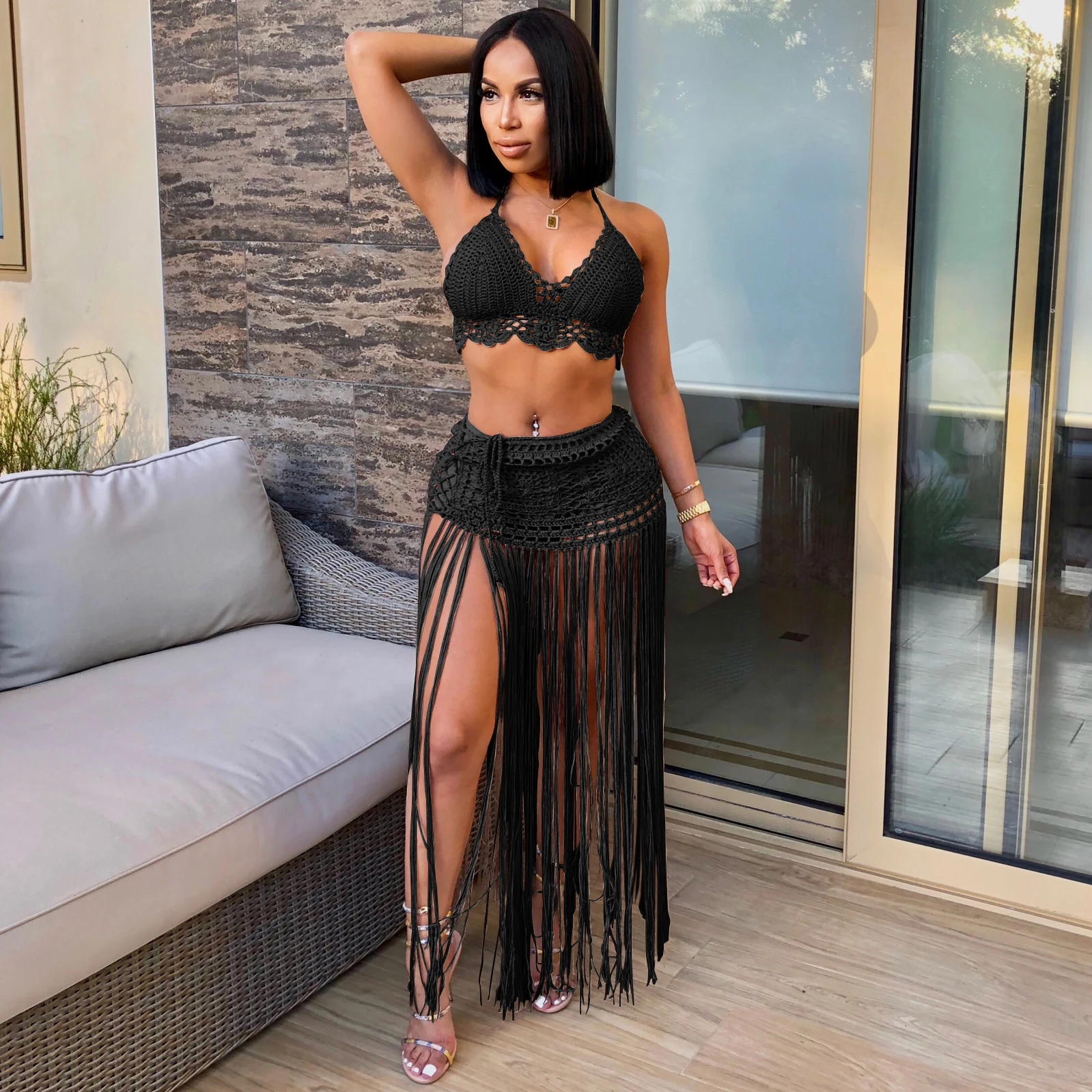 RT Sexy Women Crochet Set Two Pieces Set Halter Backless Crop Top Long Tassels Skirt Knitted Set Hollow Out Crocheted Beach Suit