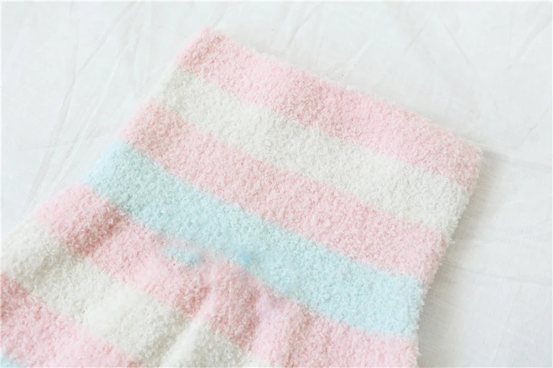 Japanese Plush Sleep Wear Pants Women Winter Soft Warm Cute Rainbow Striped Pink Flanne Homewear Knitted Casual Lounge Pajama