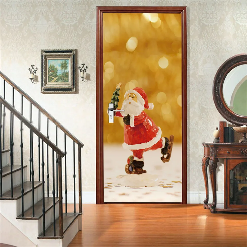 Christmas Door Sticker For Home Decor Living Room Bedroom Self-adhesive Wallpaper Removable Poster DIY PVC Decal Art Xmas Murals