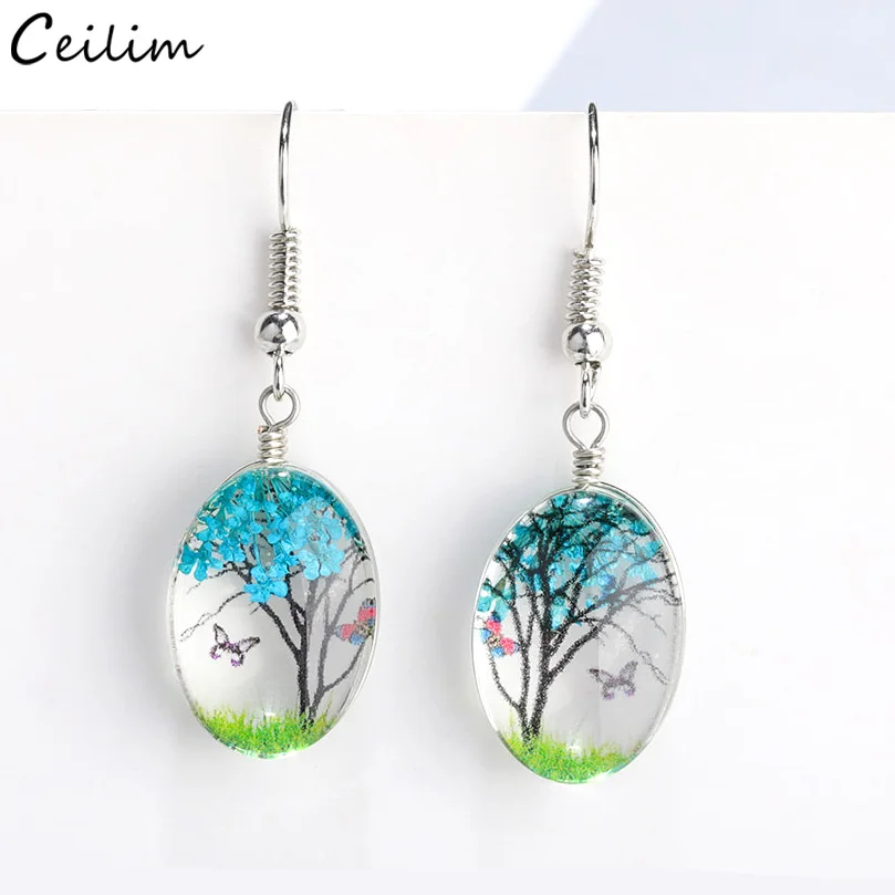 

2024 New Dried Flower Drop Dangle Earring for Woman Gifts Silver Color Glass Ball Butterfly Wishing Tree Earrings Trendy Jewelry