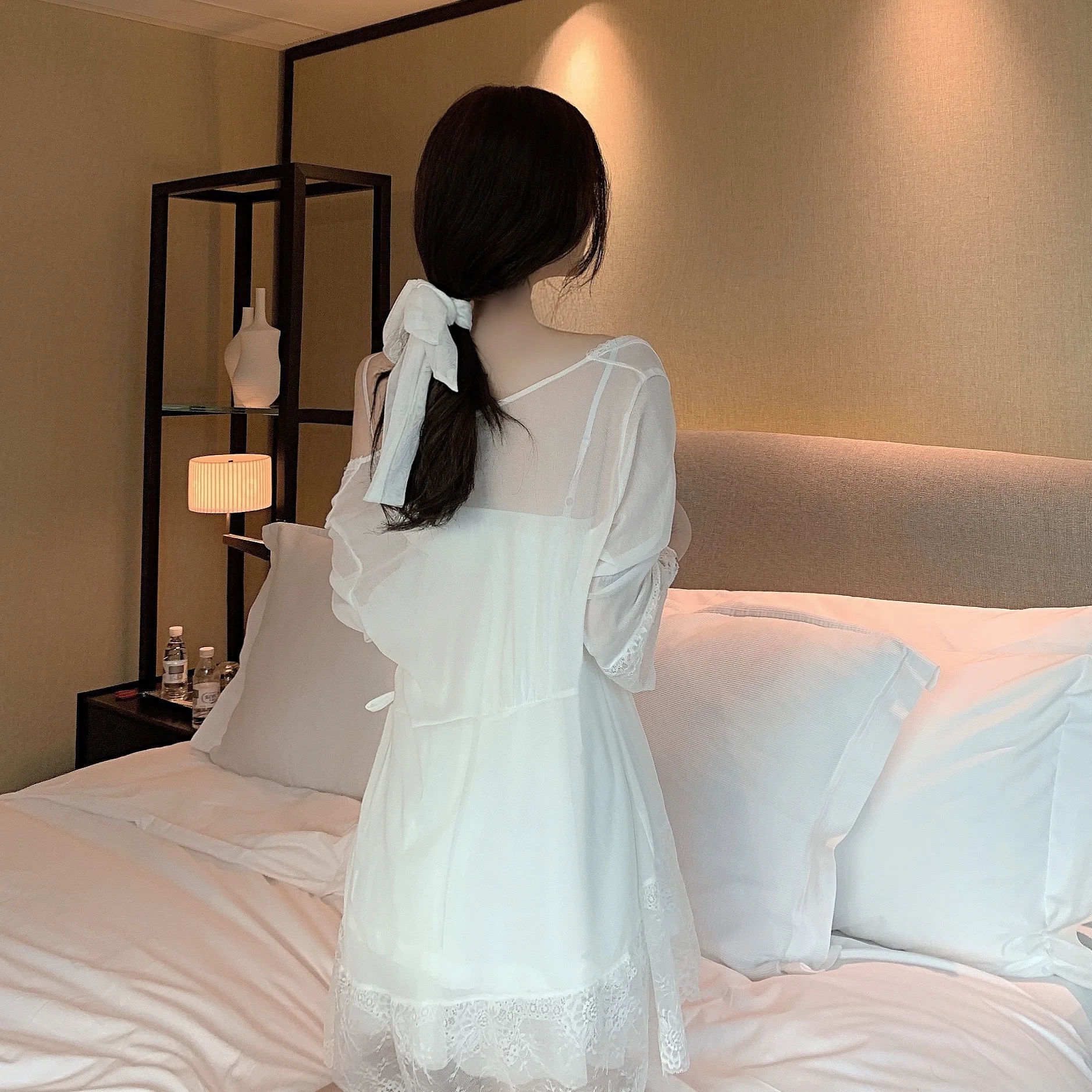 Robe Sets Princess Woman Dressing Gown Vintage Long Sleeve Robe Sweet Palace Style Lace Sleepwear Korean Two-Piece Suit White