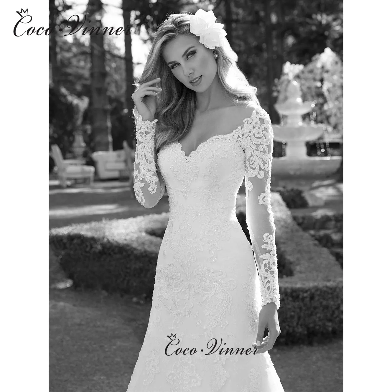 ที่กําหนดเองภาพลวงตาแขนยาวชุดเดรสเมอร์เมดปักลูกไม้สุทธิ V คอปุ่มสีขาว Vestido De Novia W0593