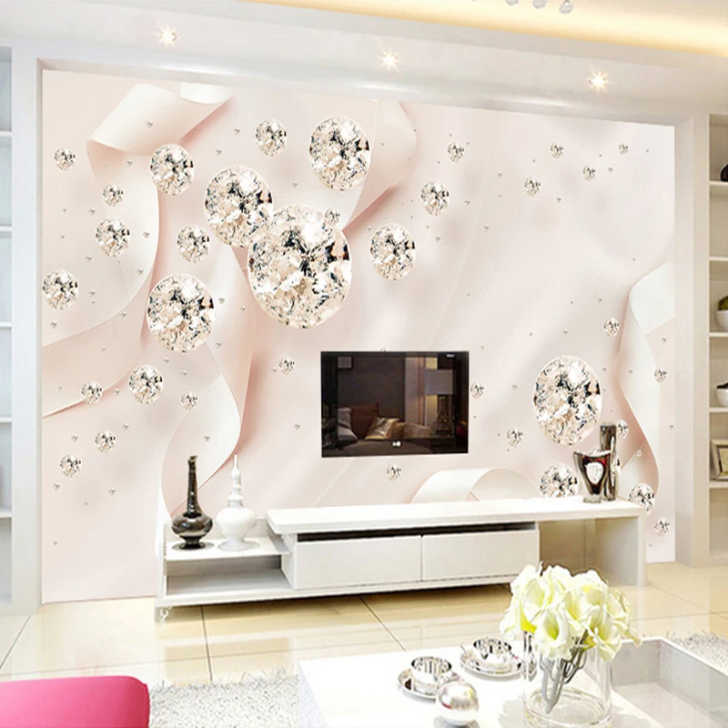 Custom Photo Wallpaper Modern 3D Creative Pink Ribbon Silk Wall Painting Diamond Jewelry Wall Decor Wallpaper For Bedroom Walls