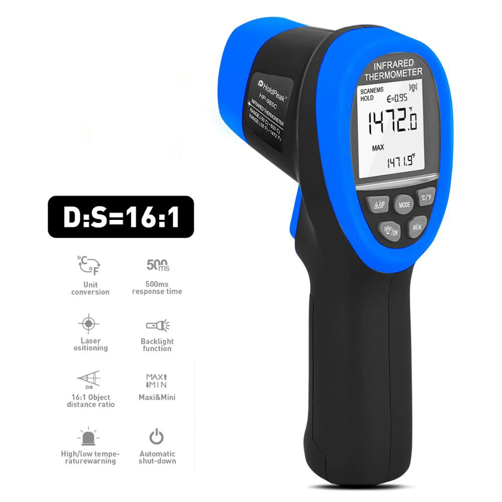 HoldPeak HP-985C IR Infrared Thermometer Handhold LCD Display -50-800C/-58-1472'F Temperature Meter Gun IR Thermometer