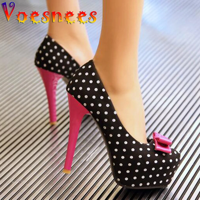 2021 Spring Autumn New Women\'s Pumps Sweet Bow Polka Dot High-Heeled Single Shoes Round Toe Thin Heels Plus Size Women Shoes