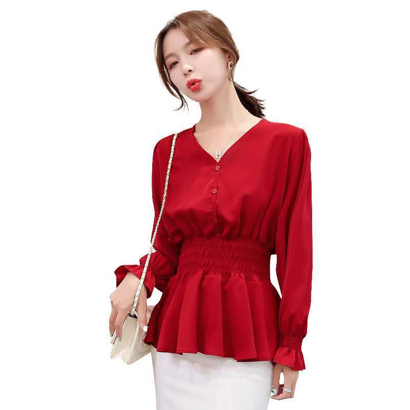 

Women Spring Autumn Style Loose Blouses Shirts Lady Casual V-Neck Long Lantern Sleeve Blusas Tops DD9127