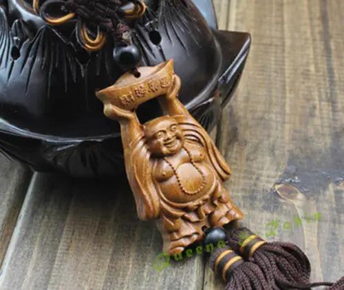 Chinese Knot Wood Carved Happy Laughing Maitrey Buddha Statue Car Pendant Amulet