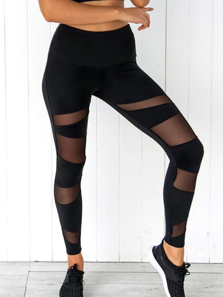 Fitness Bandage Mesh Leggings Sexy Workout Leggins Women Push Up Jeggings Black High Stretchy Polyester Elastic Waist Gym Pants