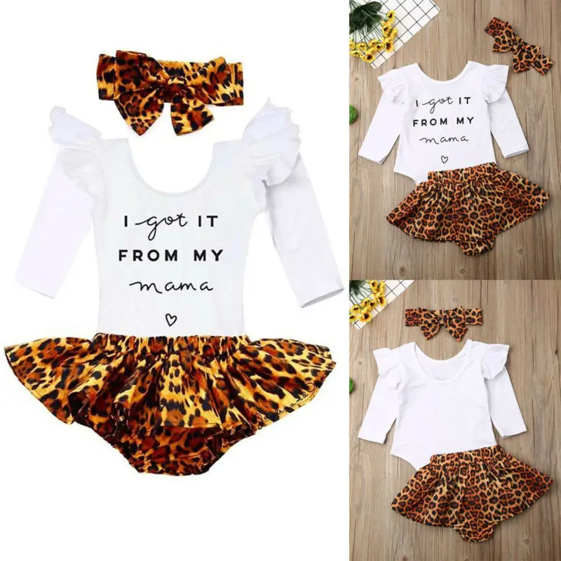 Pudcoco US Stock 0-24M 3PCS Newborn Baby Girl Autumn Clothes Set Ruffle Romper Top Patchwork Leopard Skirts Fall Outfits image 2