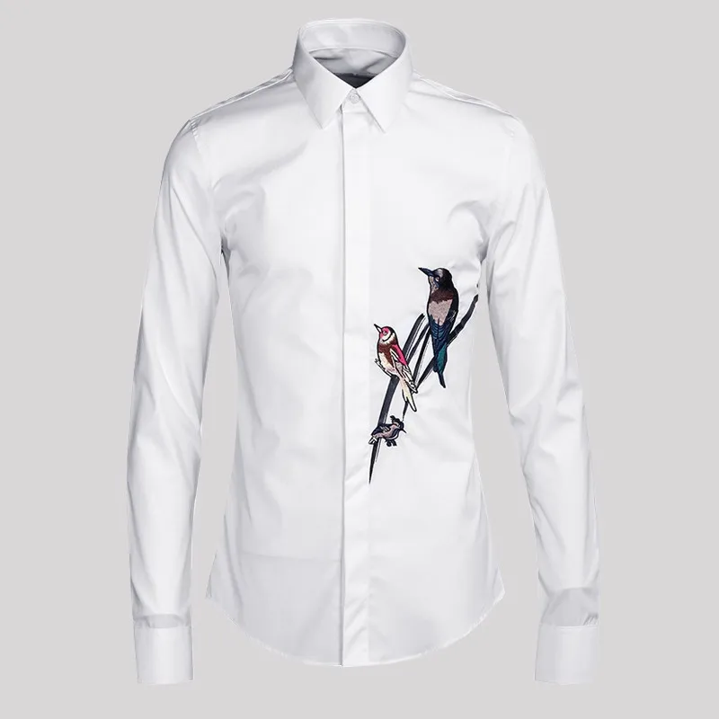 

Men New Bird Embroidery Slim Fit Business Dress Shirt Autumn Solid Long Sleeve Korean Plus Size Cotton Casual Shirt