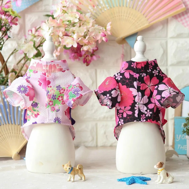 Japanese Pet Kimono Poodle Cat Cherry Blossom Bathrobe Sakura Kimono Dress Puppy Kitty Flower Skirt Pet Spring Summer Clothes