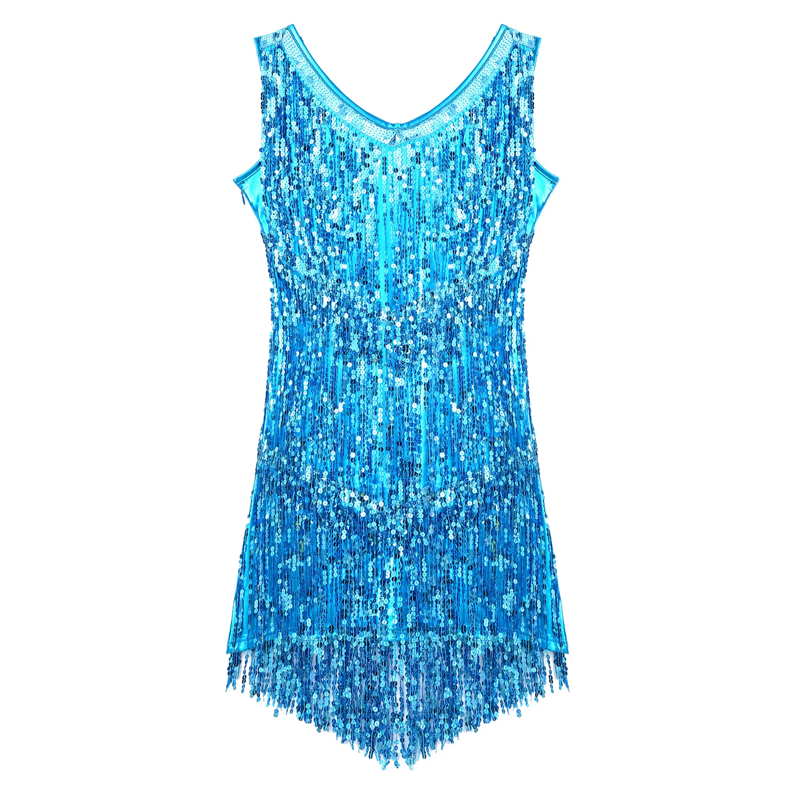 Women Stage Dance Dress Sleeveless Sparkling Sequins Tassels Fringe Ballroom Samba Tango Stage Latin Dance Performance Dress