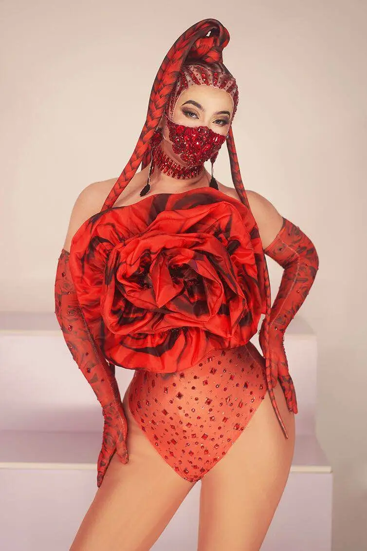 Red Big Rose Bodysuit Rhinestones Gloves Outfit Festival Party Show Stage Wear Bar Nightclub Sexy DJ Singer Dance Costume