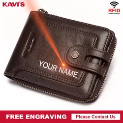 KAVIS Genuine Leather Wallet Men Coin Purse Male Cuzdan Small Walet Portomonee Rfid PORTFOLIO Vallet Perse Card Holder Engraving