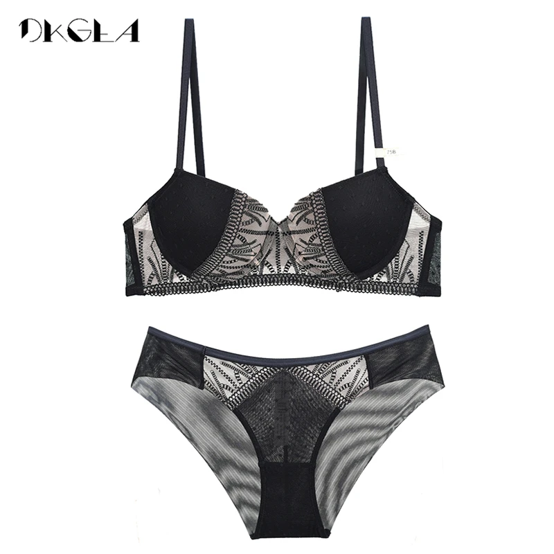 Brand Lingerie Black Embroidery Lace Bras B C D Cup Thick Cotton Underwear Set For Women Brassiere Sexy Push Up Bra Panties Set