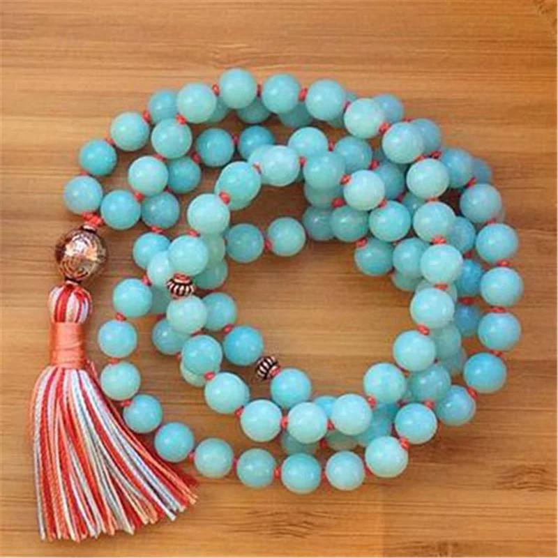 

8mm Natural Aquamarine 108 Beads Handmade Tassel Necklace Lucky Meditation Chakra Religious Healing Cuff Spirituality Buddhist