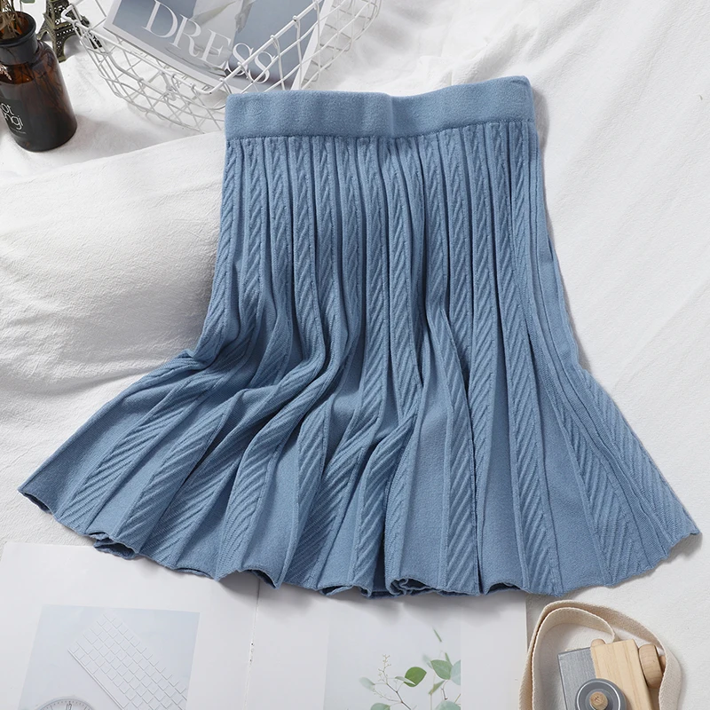 

Autumn Winter Mini Knit Skirt Women Twist Pleated Skirts Black Beige Basic Knitting Preppy Tutu Skirts Female faldas mujer