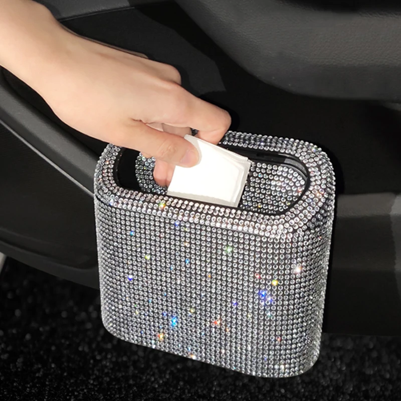 Diamant Kristall Auto Mülleimer Mülleimer mit Deckel Auslaufsicher Mini Fahrzeug Mülleimer Glitter Müll Mülleimer Organizer Container Tasche