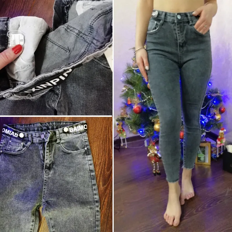 Mom High Waist Plus Size Pencil Jeans Women Skinny Black Gray Stretch Denim Pants Ladies Fashion Leather Belt mujer Streetwear