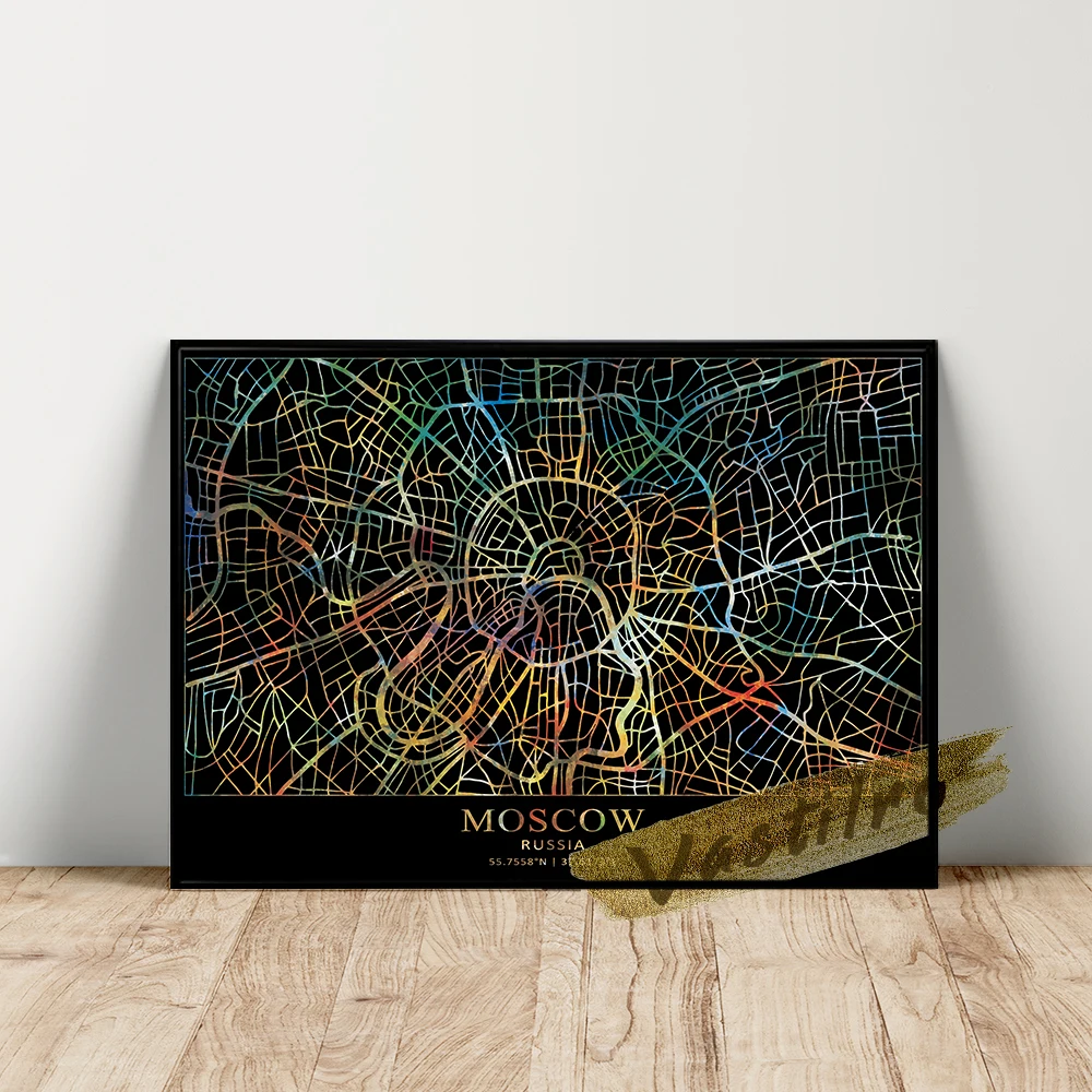 Moscow Geographic Position Wall Art, Russia Capital Location Wall Picture, Black Background Colour Line Map Poster, Idea Gift