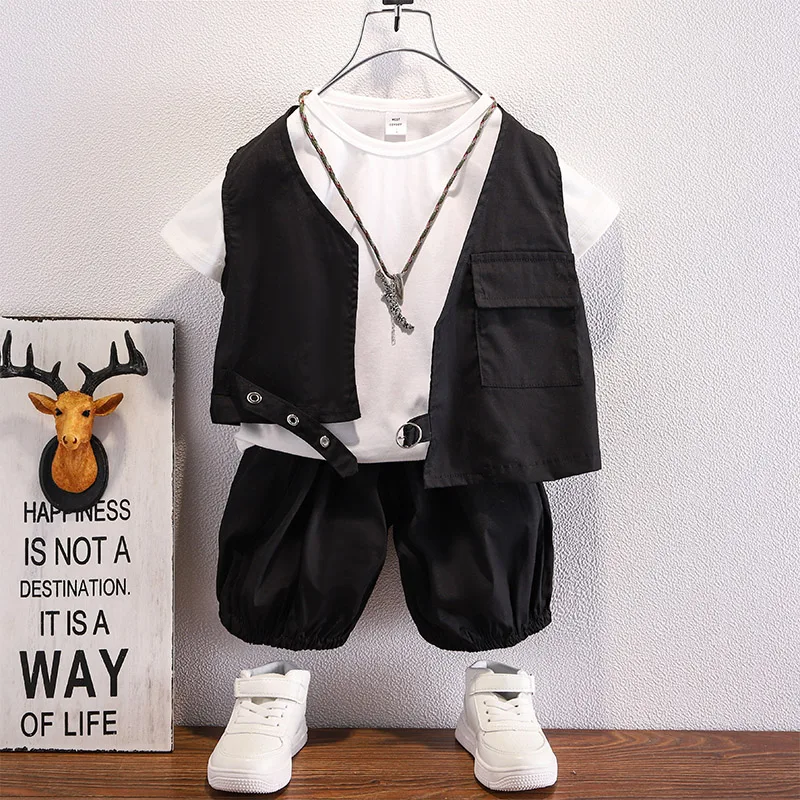 

Cowboy Boys Summer 3 pieces Sets Cotton Vest + Tees + Shorts Pants Baby Boys Toddler Son Dress Formal Little Children's Clothing