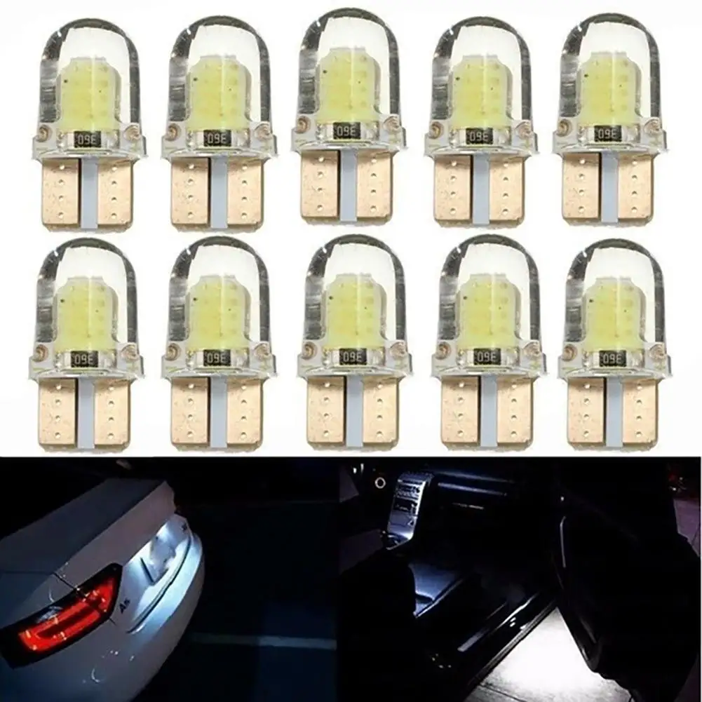 10Pcs Car Headlight Bulbs White LED W5W COB Canbus Silicone Car License Plate Light Lamp Bulbs Auto Reverse Signal