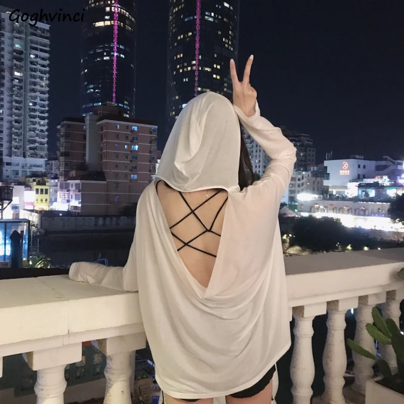 Long Sleeve T-shirts Women Summer Backless Hooded Sexy Thin Fashion Korean Style All-match Loose Solid Womens Tops Party Chic