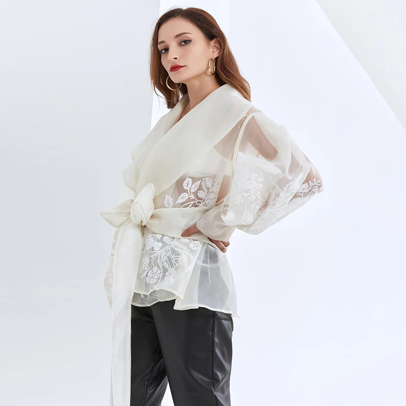 VGH Vintage Print Embroidery Shirt For Women Lapel Long Sleeve Sashes Elegant Blouse Female Fashion New Clothing 2025 Spring