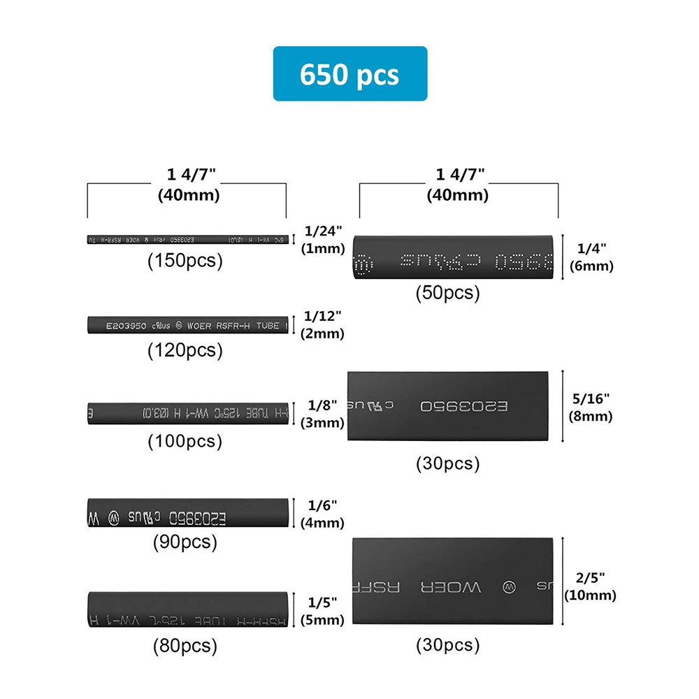 650pcs heat shrink tubing black heat shrink tubing shrink wrap UL approved is longer than 2:1 electrical cable set set