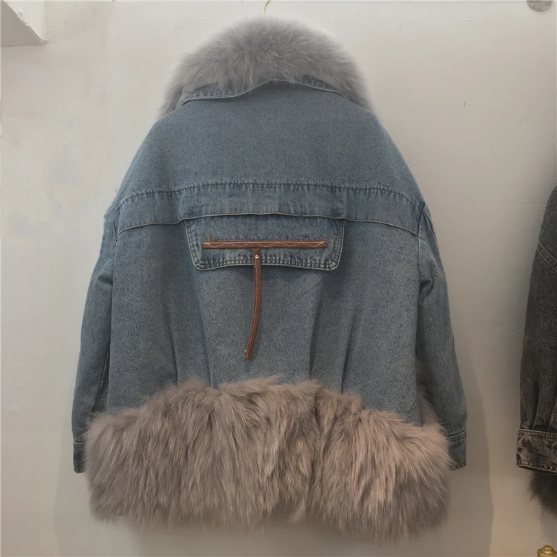 Denim parka for women mid-length patchwork fur coat real fox fur collar fur jacket 2023 new winter outerwear hipster streetwear