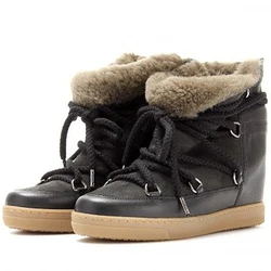 Height Increase Snow Boots Nowly Shearling Lined Textured Leather Lace Up Round Toe Women Ankle Booties Winter Retro Shoes