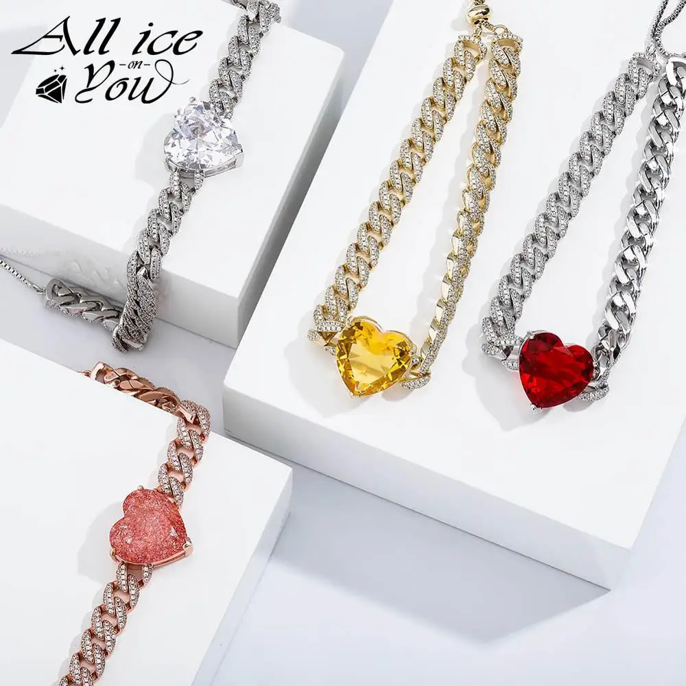 ALLICEONYOU New High Quality Iced Out Cubic Zirconia Love Heart Pendant&Necklace Hip Hop Fashion Jewelry For Women Gift