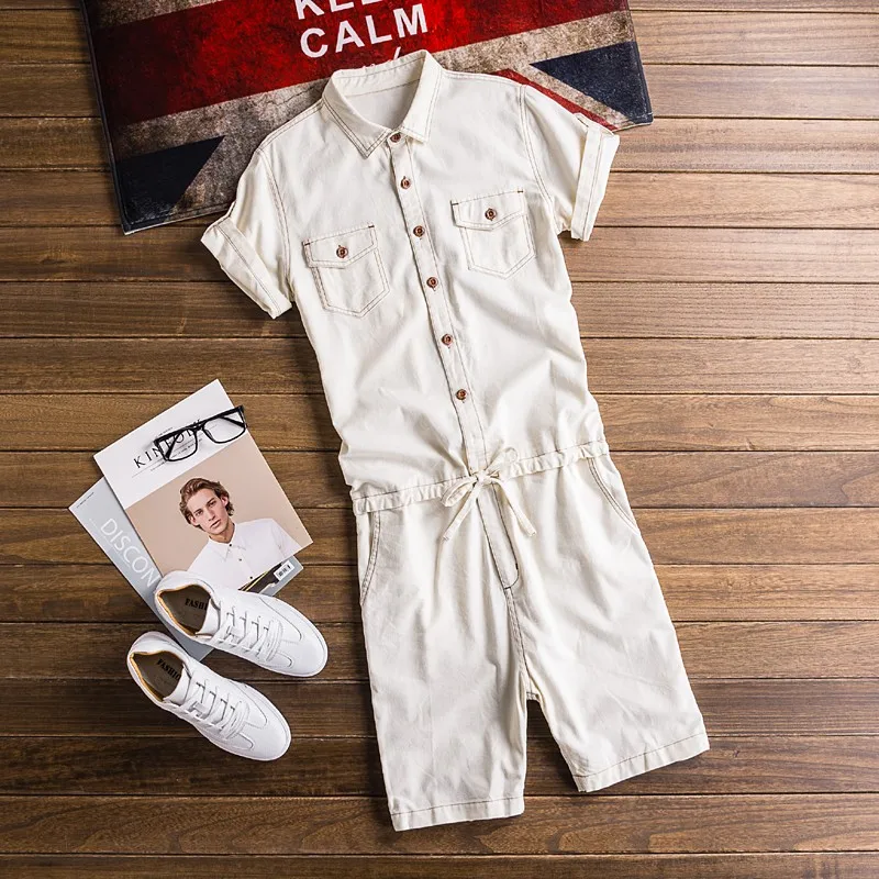 Summer Mens Casual One Piece Short Sleeve Jumpsuit Korean Printed Shorts Overalls Harajuku Cotton Linen Cargo Rompers Streetwear