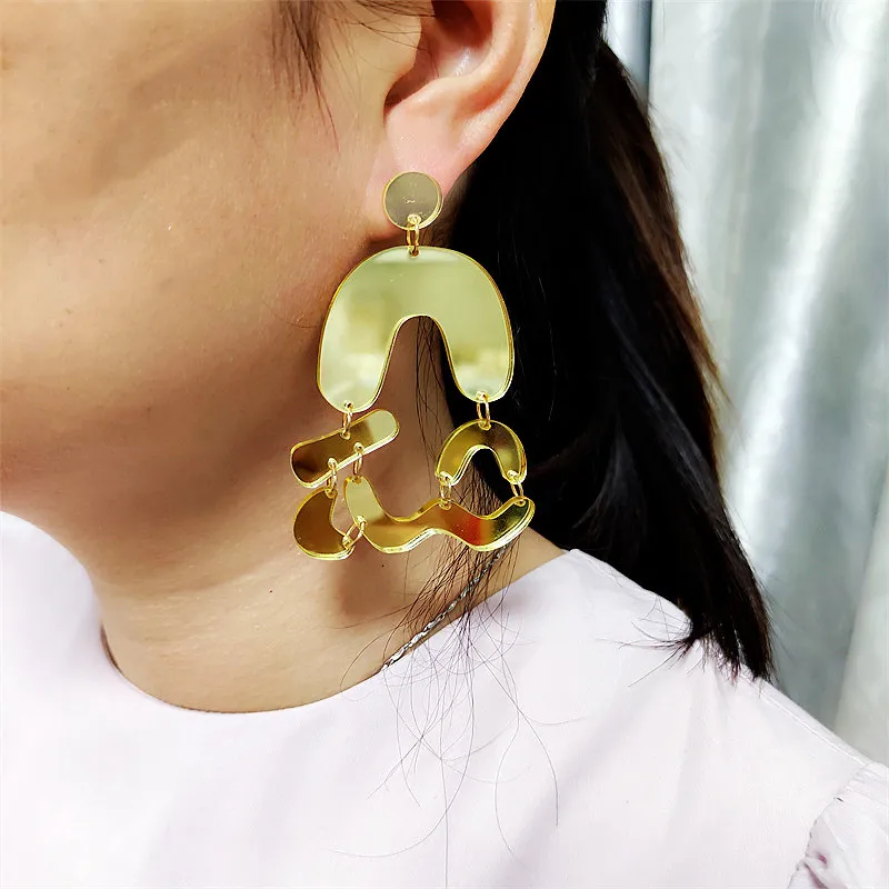 KUGUYS Mirror Gold Silver Color Distorted Geometric Acrylic Drop Earring for Women Trendy Irregular Fashion Jewelry Accessories