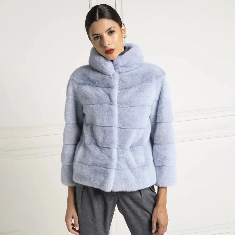 TOPFUR New Mink Fur Coat Woman Leather Jacket Winter Coat Women Real Fur Coat With Collar Plus Size Short Jacket Light Blue