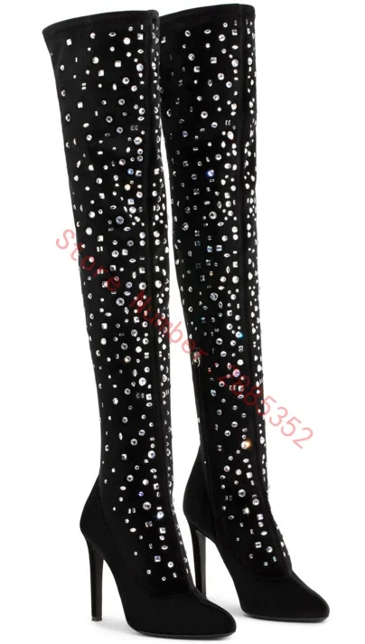 

New women's luxury stretch fabric boots Bling Bling sequined stiletto knit stretch stocking boots pointed toe women's boots 4344