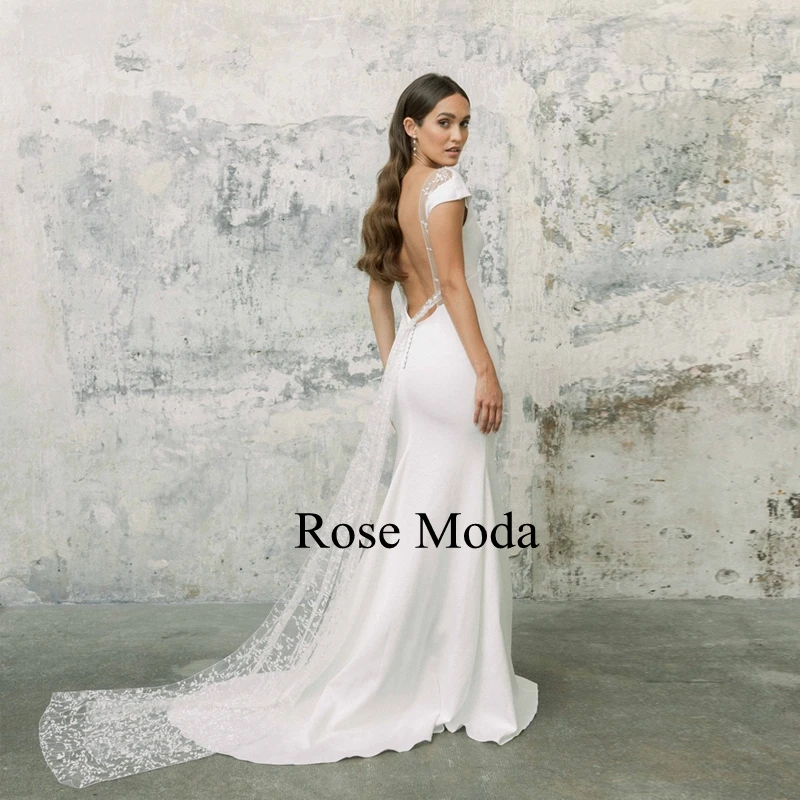 Rose Moda Cap Sleeves Backless Beach Wedding Dress with Slit Destination Bridal Gown