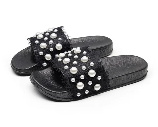 New summer pearl lace sandals flat-bottomed fashion sandals wear-resistant  women's slipper
