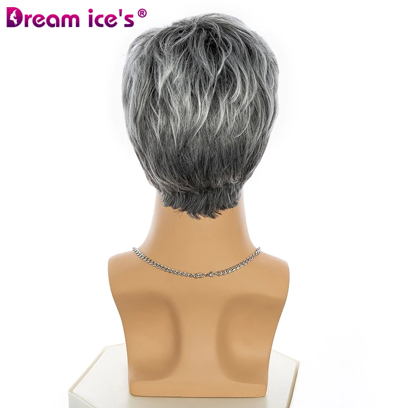 Short Mixed Gray Synthetic Natural Curl Wave Hair Wigs With Bangs For Male Young Men Short Pixie Cut Heat Resistant Cosplay Wigs