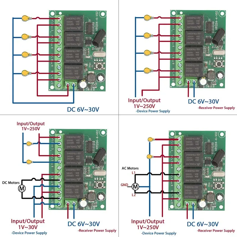 433Mhz RF Switch Wireless Relay Receiver DC 6V 12V 24V 30V 4CH Realy and 500 Meters Transmitter,for Garage/light/Motor