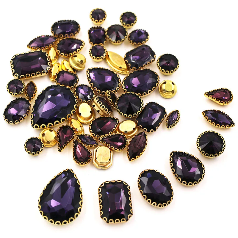 Decorazione di cerimonia nuziale 50 pz/borsa forma mista viola intenso finiture fai da te pietra di cristallo oro pizzo artiglio strass cucire su