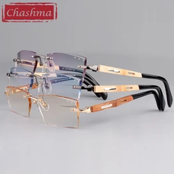 Chashma Diamond Trimmed Titanium Frame Bamboo Temple Tint Lenses Quality Rimless Prescription Glasses Frame for Man and Women