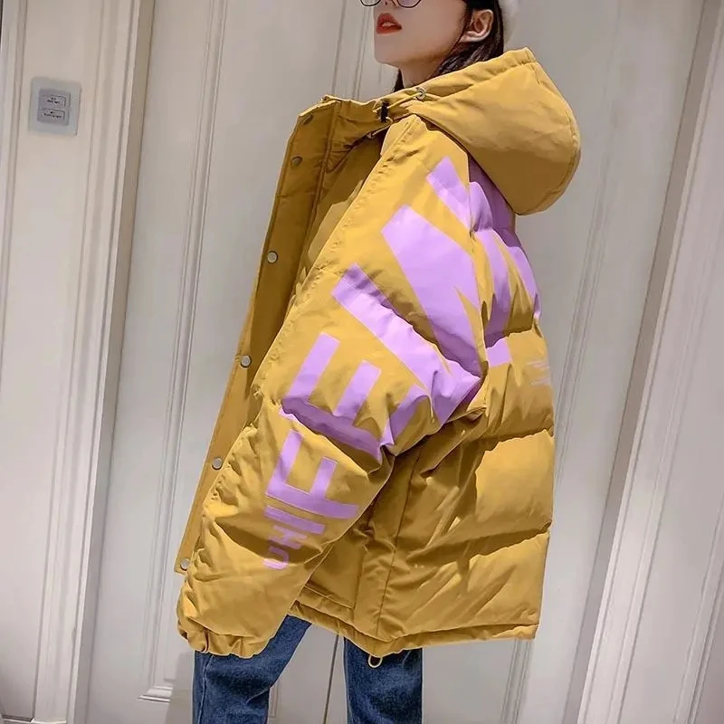 Down Cotton Short Jacket Winter Women Letter Print Loose Hooded Parkas Streetwear Oversize Female Big Pocket Quilted Coat